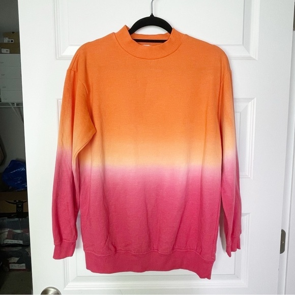 New BP Nordstrom Ombré Dip Dyed Orange and Pink Crewneck Pullover Sweatershirt - Picture 2 of 6